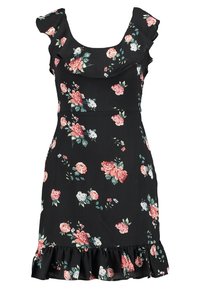 Černé šaty s květinovým vzorem, které mají volány na rukávech, přiléhavý korzet a rozšířený lem se vzorem volánů na spodní části.