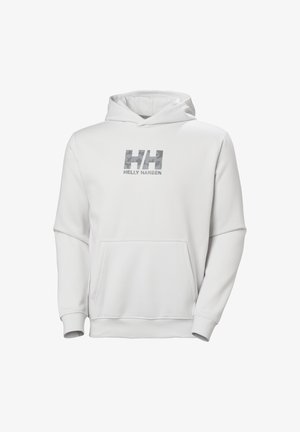 Bílá mikina s klokaní kapsou, kapucí na šňůrku a šedým maskáčovým logem "HH" a "HELLEX HANSEN" na hrudi. Hladká textura látky.