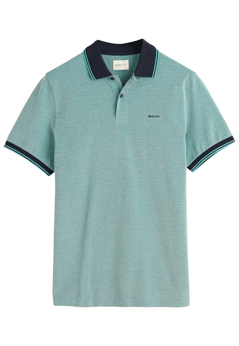 Polo-Shirt in hellem Türkis mit dunkelblauem Kragen und Bündchen, aus strukturiertem Stoff und mit einer Knopfleiste mit zwei Knöpfen. Logo auf der linken Brust.