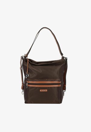 Sac en nylon marron au design décontracté, avec une poche zippée à l'avant et des accents en cuir. Bandoulière réglable et quincaillerie en métal.