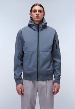 Graue Zip-Jacke mit Kapuze, aus glattem Material. Verfügt über Fronttaschen, gerippte Ärmelbündchen und ein Logo am linken Arm.