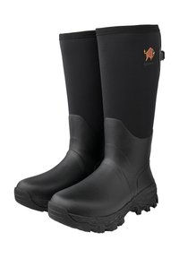 Black rubber boots with a smooth finish, textured sole, and an adjustable strap at the top. Features an orange logo on the side.