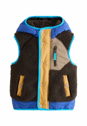 Sleeveless hooded vest with dark brown fleece body, blue trim and hood, yellow front placket, and zippered chest pocket with blue pull tab.