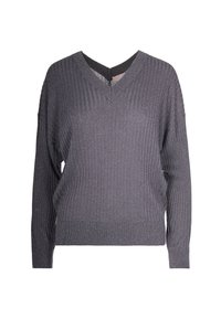 Maglione grigio a coste con scollo a V, maniche lunghe e vestibilità morbida. Tessuto testurizzato con una leggera lucentezza.