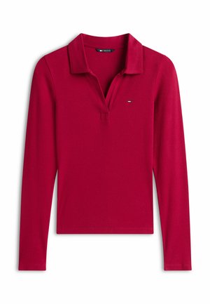 Long-sleeve, dark red polo shirt with a collar and small embroidered logo on the left chest, displayed flat on a white background.