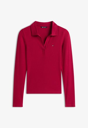 Long-sleeve, dark red polo shirt with a collar and small embroidered logo on the left chest, displayed flat on a white background.