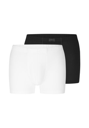 Zwei Paar Herrenboxershorts, eines vorne weiß und eines hinten schwarz, beide mit elastischem Bund und ohne sichtbare Logos.