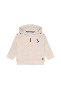 Felpa leggera grigia con zip, decorata con una grafica di un pallone da football sul lato sinistro del petto, dettagli in contrasto blu navy sulle spalle e polsini e orlo a costine.