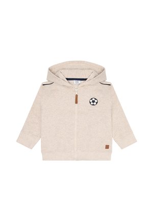 Felpa leggera grigia con zip, decorata con una grafica di un pallone da football sul lato sinistro del petto, dettagli in contrasto blu navy sulle spalle e polsini e orlo a costine.