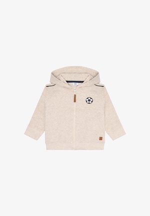 Felpa leggera grigia con zip, decorata con una grafica di un pallone da football sul lato sinistro del petto, dettagli in contrasto blu navy sulle spalle e polsini e orlo a costine.