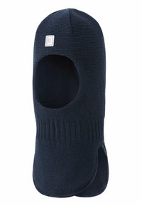 Balaclava in maglia blu navy con viso aperto, orlo a coste e aperture laterali. Realizzata in tessuto morbido e testurizzato per maggiore calore e comfort.