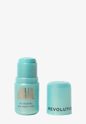 Een turquoise stick highlighter met een metallic afwerking, gelabeled "Jelly Shine," met een zilveren accent en een losse dop. Geschikt voor ogen, gezicht en lichaam.