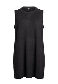 Mustast pehmest kudumkangast varrukateta kleit. Sellel on ümara kaelusega, lahtine lõige ja soonikkoes ääred.