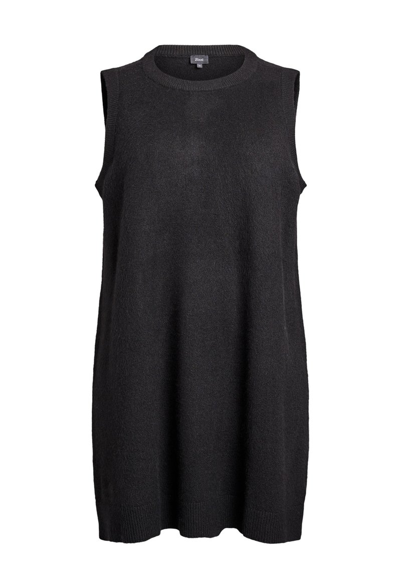 Mustast pehmest kudumkangast varrukateta kleit. Sellel on ümara kaelusega, lahtine lõige ja soonikkoes ääred.