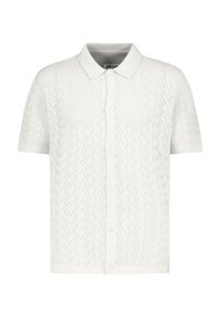 Weißes Kurzarm-Polohemd mit einem strukturierten Zickzackmuster, Knopfverschluss und klassischem Kragen. Hergestellt aus einem leichten, atmungsaktiven Material.