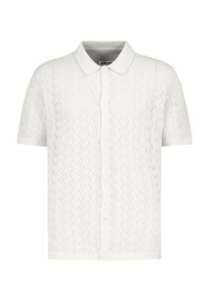 Weißes Kurzarm-Polohemd mit einem strukturierten Zickzackmuster, Knopfverschluss und klassischem Kragen. Hergestellt aus einem leichten, atmungsaktiven Material.
