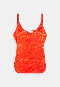 Camisola vermelha sem mangas com decote arredondado, apresentando um padrão de impressão animal texturizado em tons contrastantes de laranja e dourado. Tecido leve.
