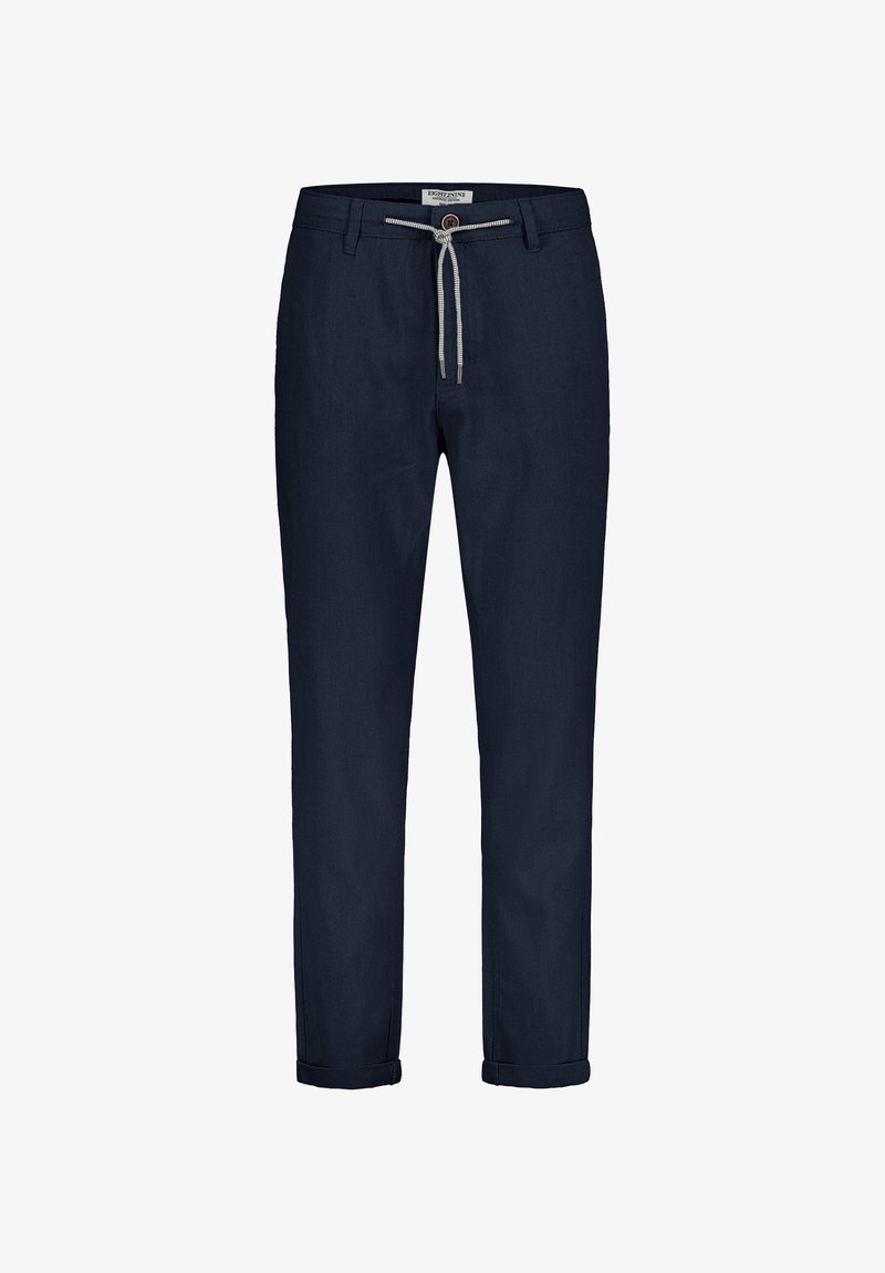 Marineblaue Hosen aus einem leichten Stoff, mit einem Kordelzugbund, gekrempelten Säumen und einer feinen Textur.