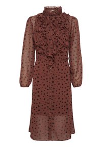 Brązowa przezroczysta sukienka w czarne kropki, z falbaniastym wysokim kołnierzem i długimi rękawami. Posiada wiązanie w talii oraz zapięcie na guziki z przodu.