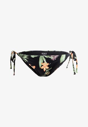 Svart bikiniunderdel med tropiskt blommönster i grönt och orange. Har justerbara knytningar på sidorna för en anpassningsbar passform.