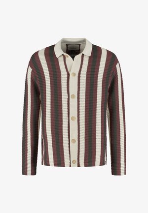 Neulecardigan, jossa on raidalliset punaviinin, vihreän ja kerman värit. Varustettu nappikiinnityksellä ja klassisella kauluksella. Teksturoitu kangas.