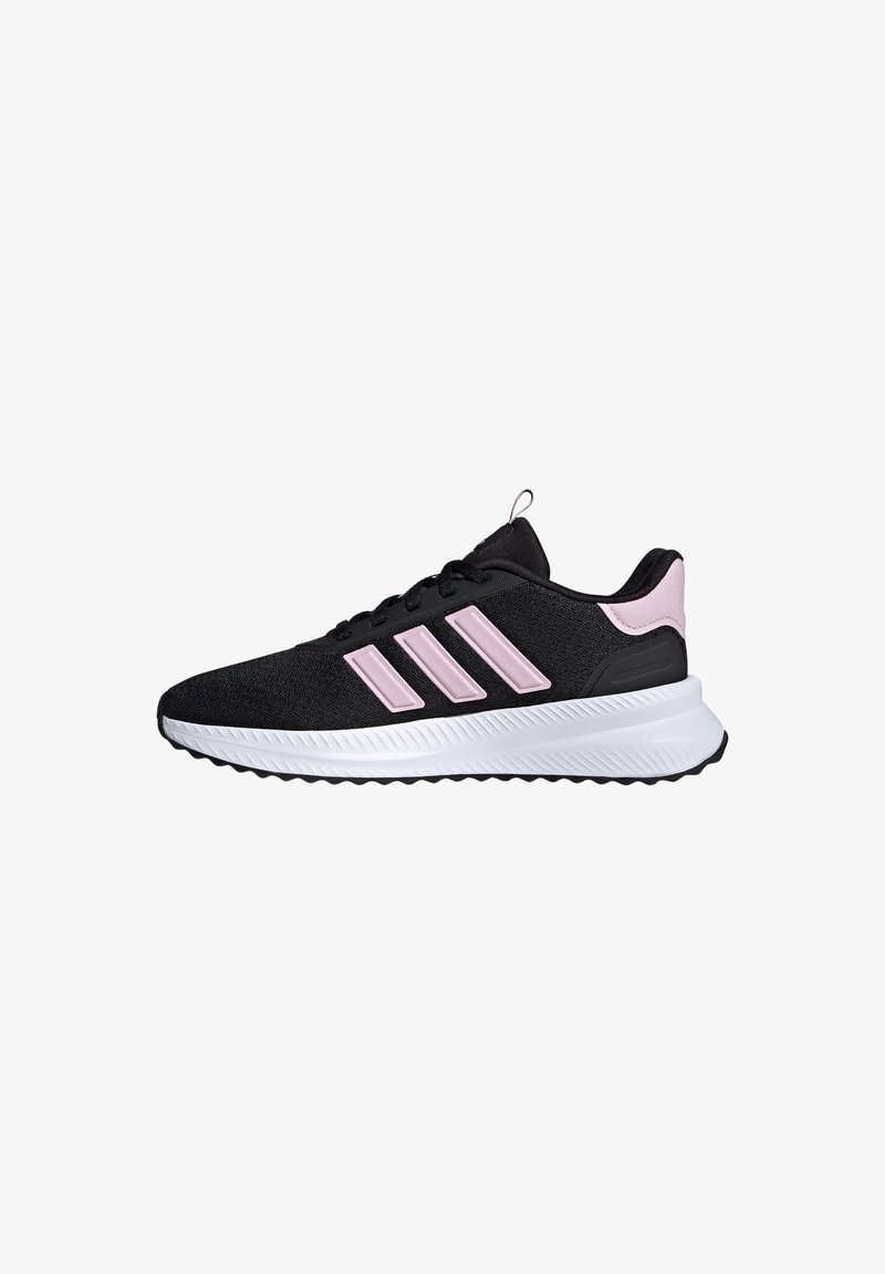 Black athletic shoes with pink accents, textured upper, three stripes design, white midsole, and black rubber outsole, low cut with laces.