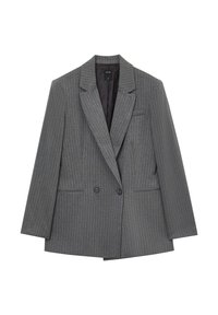 Blazer gris à rayures, avec un avant croisé, des revers crantés, deux poches avant et une doublure noire. Il présente des épaules structurées et une coupe ajustée.
