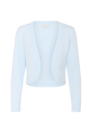 Light blue, cropped cardigan made of soft knit fabric. Features long sleeves and an open front design with rounded edges. No fasteners.