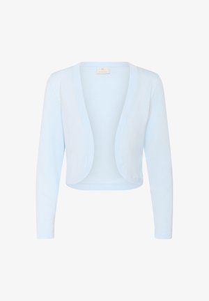 Vaaleansininen, lyhennetty neuletakki, joka on valmistettu pehmeästä neuloksesta. Siinä on pitkät hihat ja avonainen etuosa pyöristettyine reunoineen. Ei kiinnityksiä.