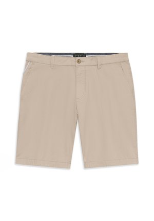 Beige knielange Herren-Shorts mit Fronttaschen, Gürtelschlaufen, Knopfverschluss und einem schwarzen Innenbund-Etikett mit der Aufschrift "bugatti."
