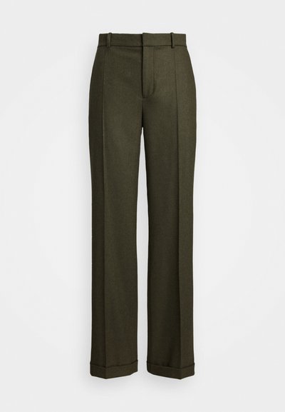 Pantalons tailleur vert olive en tissu texturé, présentant un design à jambe droite, des passants de ceinture et un ourlet à revers.