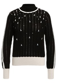 Schwarzer, gestrickter Pullover mit hohem Kragen, Zickzackmuster, dekorativen Pailletten und pastellfarbenen Akzenten an den Seiten.