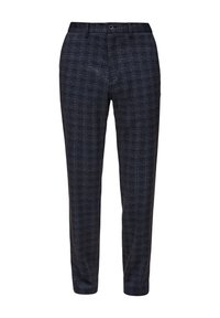 Donkerblauwe geruite broek met een recht model, vervaardigd uit een zachte stof met een gladde textuur en een enkele sluitknop aan de voorkant.