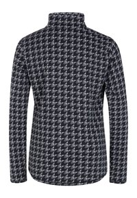 Pullover à manches longues à motif pied-de-poule noir et gris avec un col montant, fabriqué à partir d'un tissu doux et texturé. Finition lisse.
