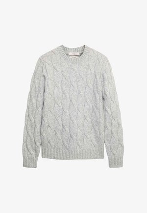 Hellgrauer Wollpullover mit Zopfmuster, Rundhalsausschnitt und gerippten Bündchen und Saum. Weiche Textur, lange Ärmel und normale Passform.