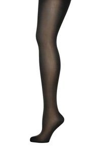 Collant neri trasparenti con una texture liscia, caratterizzati da una forma aderente e design con piede, che offrono un aspetto elegante e translucido.