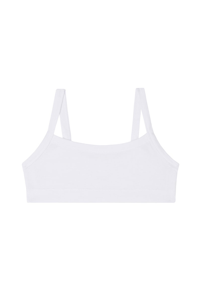 Bílý bavlněný bralet s tenkými nastavovacími ramínky, jednoduchým designem a hladkou texturou. Žádné další kovové součásti nebo vzory.
