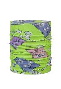 Multifunctional neck gaiter, bright green fabric with purple and pink playful food-themed graphics, stretchy, seamless design, soft texture.