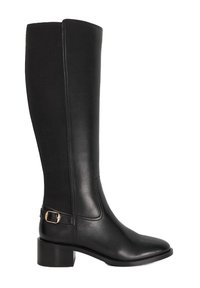 Black knee-high boots made of leather and stretch material, featuring a block heel, gold buckle accent, and sleek, streamlined design.