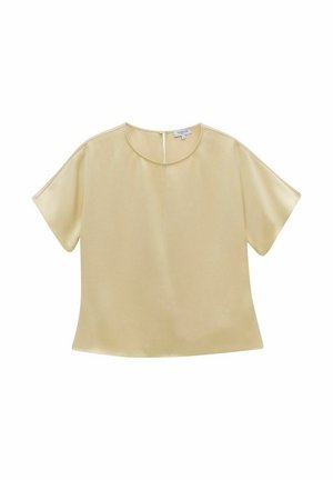 Korteklant, lichtgele blouse van gladde stof, met een ronde halslijn en een knoopsluiting aan de achterkant.