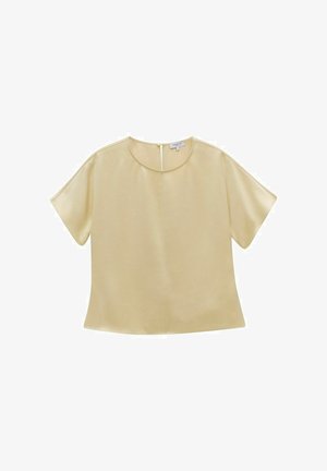 Kortærmet, lys gul bluse i glat stof med rund halsudskæring og knaplukning bagpå.