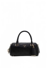 Sac à main en cuir noir avec motif de logo texturé, finitions en métal doré, double poignée et porte-clés détachable. Forme compacte et cylindrique.