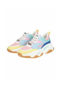 Sneaker atletiche leggere caratterizzate da un mix di materiali nei toni pastello di rosa, blu, giallo e verde, con suola testurizzata e design con lacci.