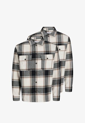 Two long-sleeve button-up shirts with beige, black, and gray plaid pattern, flap chest pockets, and collars, stacked in a front view.