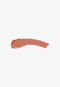 Matte terracotta leppestiftfargeprøve med en glatt tekstur, i en sveipende buet form mot en hvit bakgrunn.