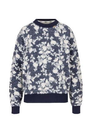 Fleece sweatshirt met een bloemenpatroon in marineblauw en wit, ronde hals, ribbels aan de mouwen en onderrand, zachte textuur. Merktag zichtbaar.