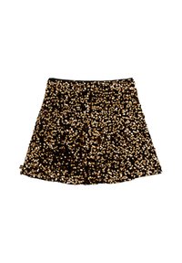 Črna mini krilo, prekrito z zlato bleščicami, z oprijetim pasom in razširjenim robom, kar ustvarja teksturirano in odsevno površino.