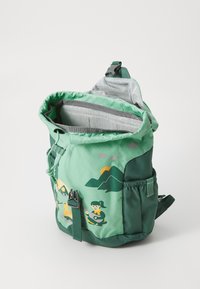 Green backpack with a roll-top design, featuring mountain and character illustrations, side pocket, and adjustable straps. Smooth texture.