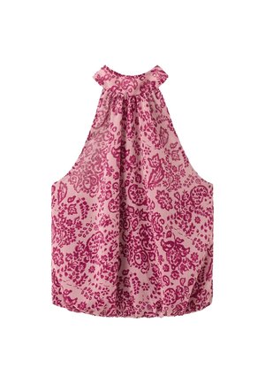 Blouse sans manches rose à col haut avec détail froncé, ornée de motifs floraux et paisley rose foncé sur toute la surface.