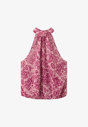 Sleeveless pink blouse with high neckline and gathered detail, featuring dark pink floral and paisley patterns throughout.
